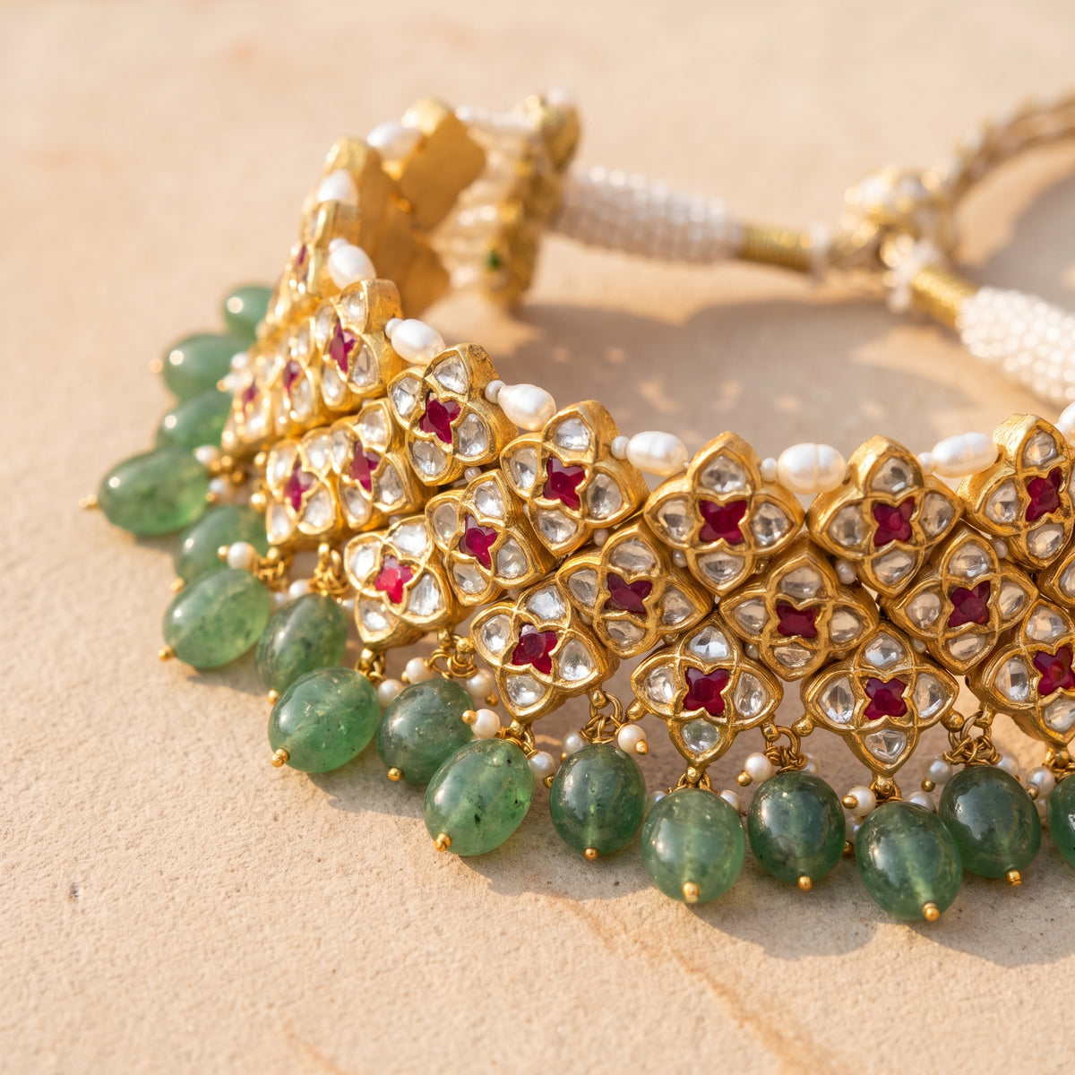 Handcrafted 22kt Gold Star Ruby Choker Set with 18 Carat Certified Syndicate Polki and Ruby Red Semi Precious Stones in Star Motif Thapa Work