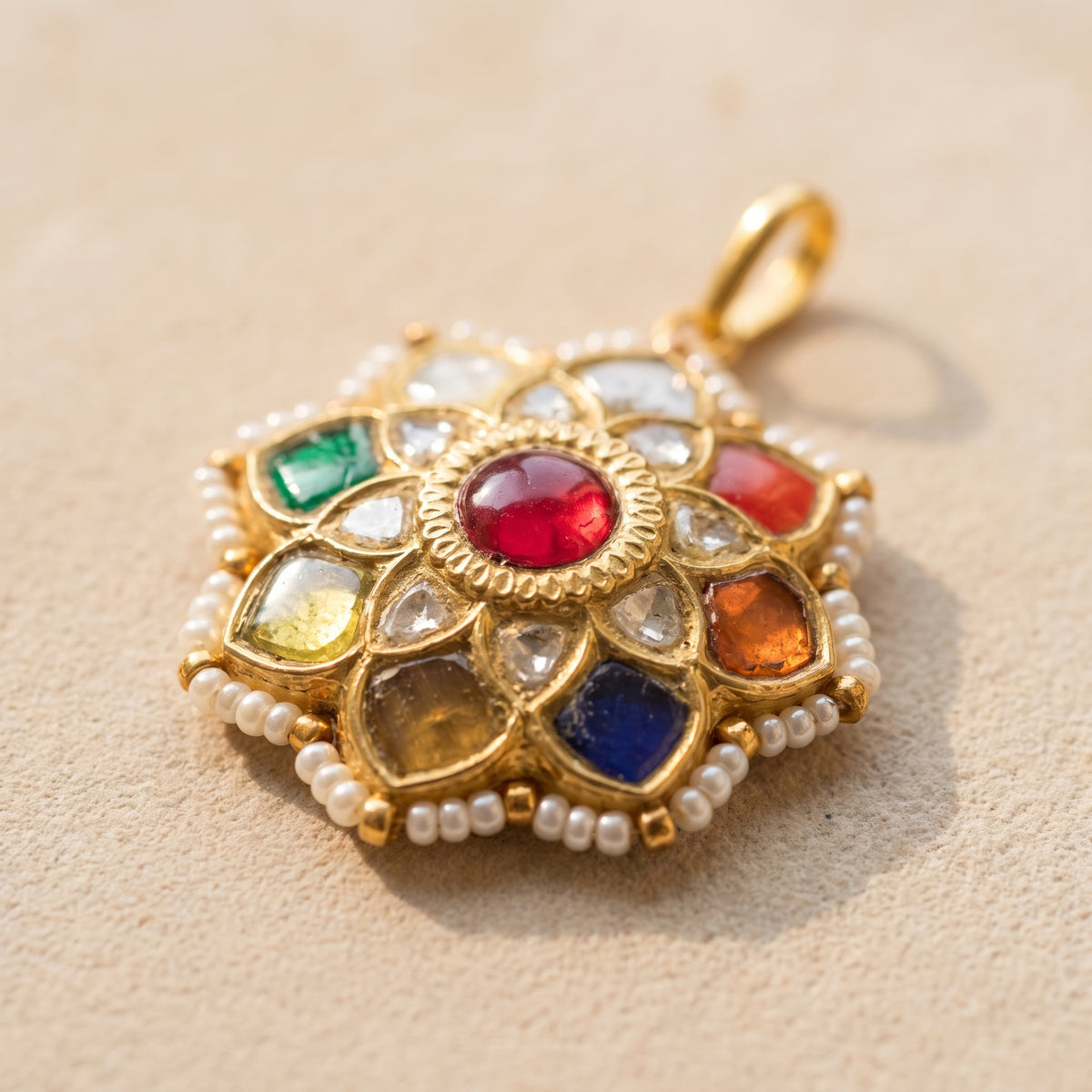 Handcrafted 22kt Gold Navratan Pendant with Certified Syndicate Polki and Multi-Colour Semi Precious Stones in Thapa Work