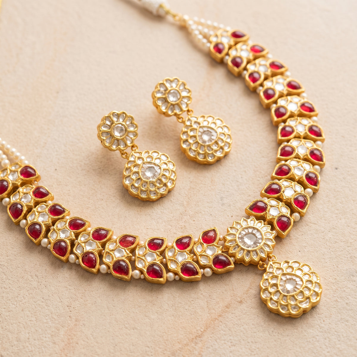 Handcrafted 22kt Gold Ruby Red Butterfly Necklace Set with 16 Carat Certified Syndicate Polki and Ruby Red Semi Precious Stones in Butterfly Motif Thapa Work