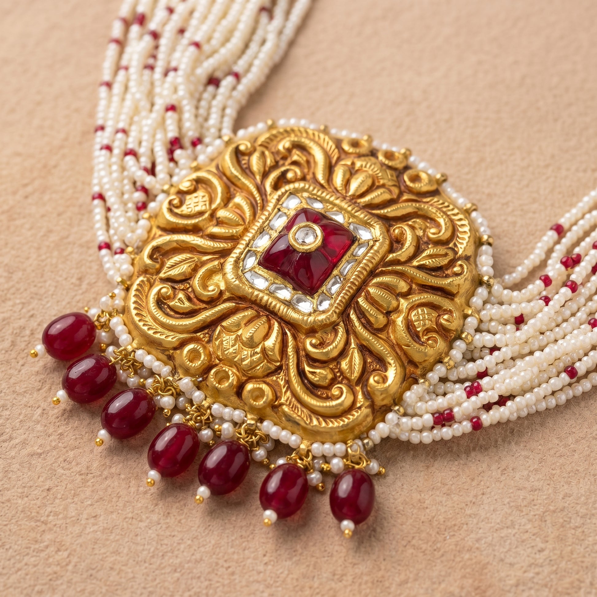 Handcrafted 22kt Gold Square Temple Pendant with Certified Syndicate Polki in Temple Motif Thapa Work