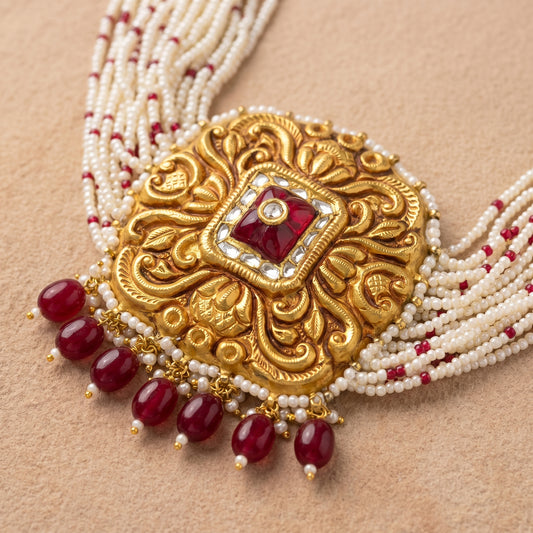 Handcrafted 22kt Gold Square Temple Pendant with Certified Syndicate Polki in Temple Motif Thapa Work