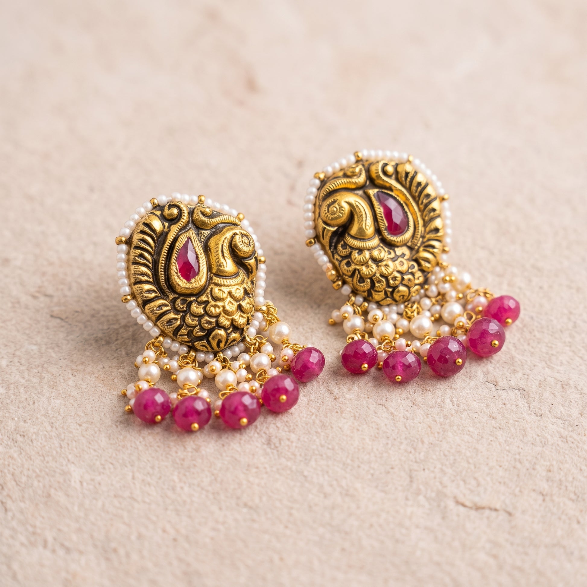 Handcrafted 22kt Gold Peacock Temple Earrings with Certified Syndicate Polki in Peacock and Temple Motif Jhumki Thapa Work