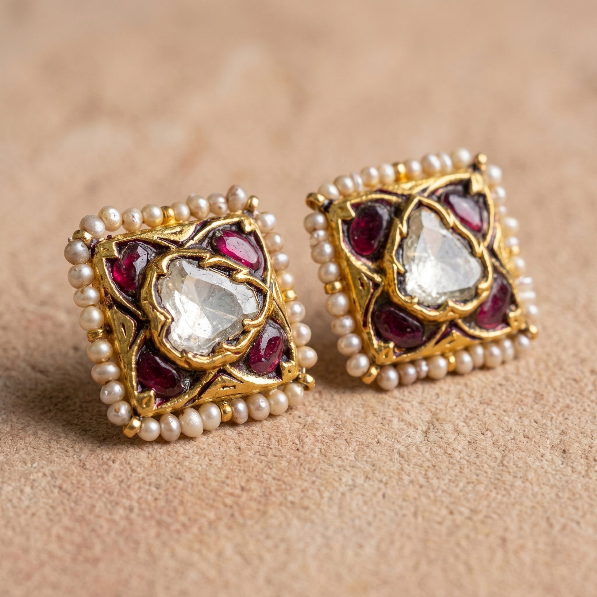 Handcrafted 22kt Gold Red Uncut Polki Studs with Certified Syndicate Polki and Red Semi Precious Stones in Thapa Work