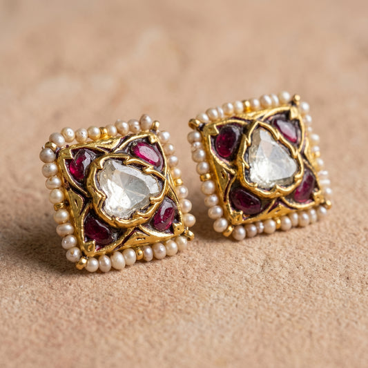 Handcrafted 22kt Gold Red Uncut Polki Studs with Certified Syndicate Polki and Red Semi Precious Stones in Thapa Work