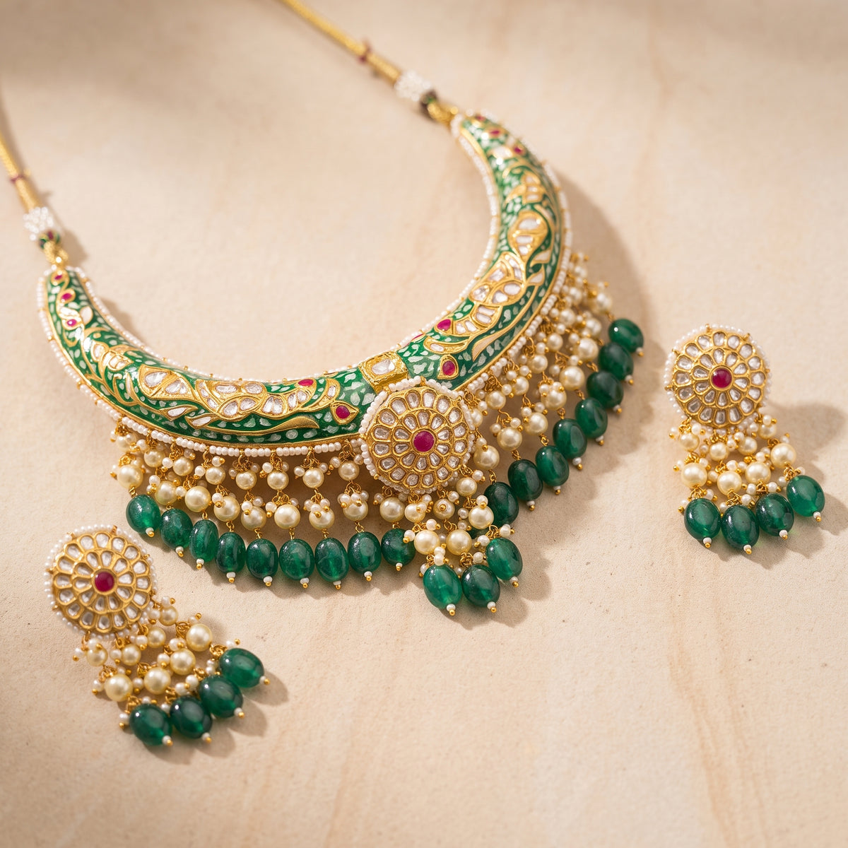 Handcrafted 22kt Gold Green Meenakari Hasli Rigid Collar with 5 Carat Certified Syndicate Polki and Green Meenakari Enamel in Thapa Work