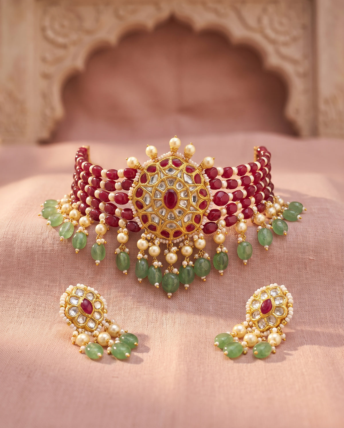 Handcrafted 22kt Gold Raj Meera Choker Set with 6 Carat Certified Syndicate Polki in Thapa Work