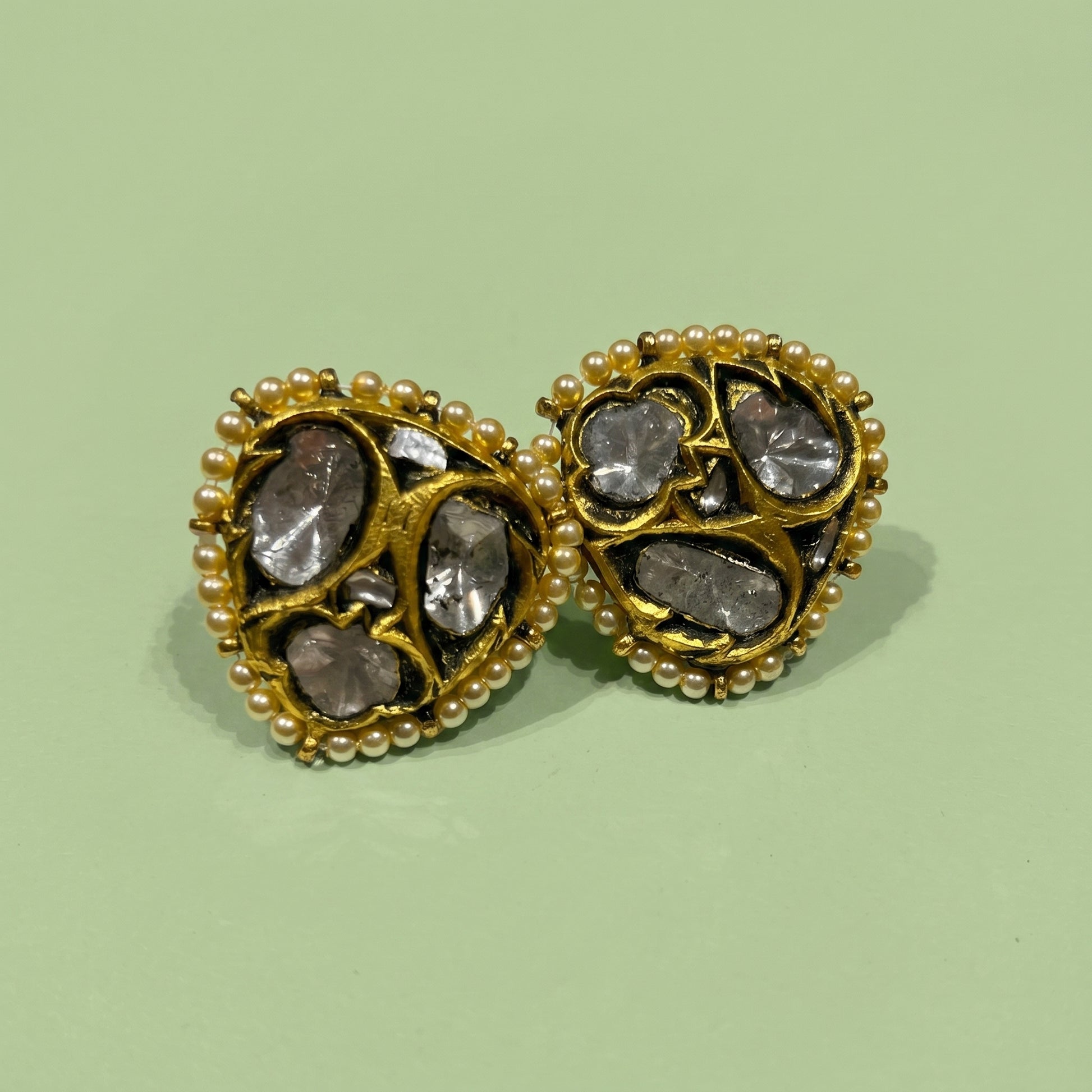 Handcrafted 22kt Gold Triangle Studs with 3 Carat Certified Syndicate Polki in Geometric Thapa Work