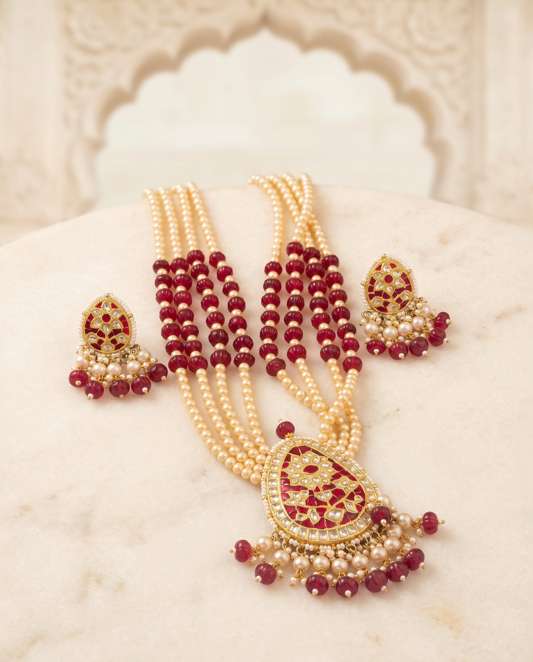 Handcrafted 22kt Gold Red Flower Pendant Set with 2 Carat Certified Syndicate Polki and Red Semi Precious Stones in Floral Thapa Work