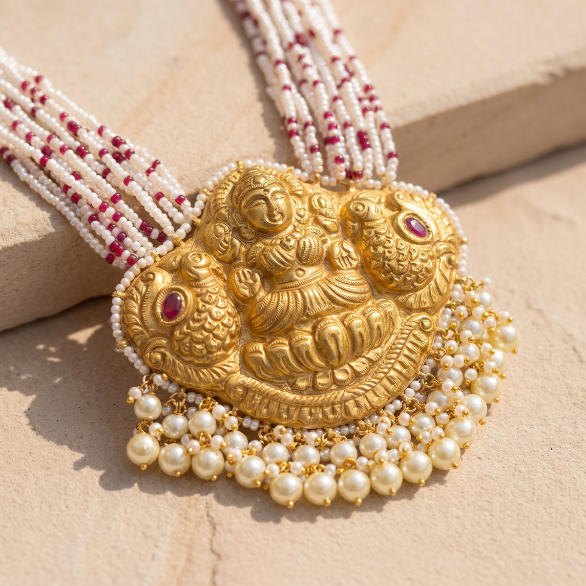 Handcrafted 22kt Gold Lakshmi Pendant with Goddess Lakshmi Motif and Certified Syndicate Polki in Devotional Thapa Work