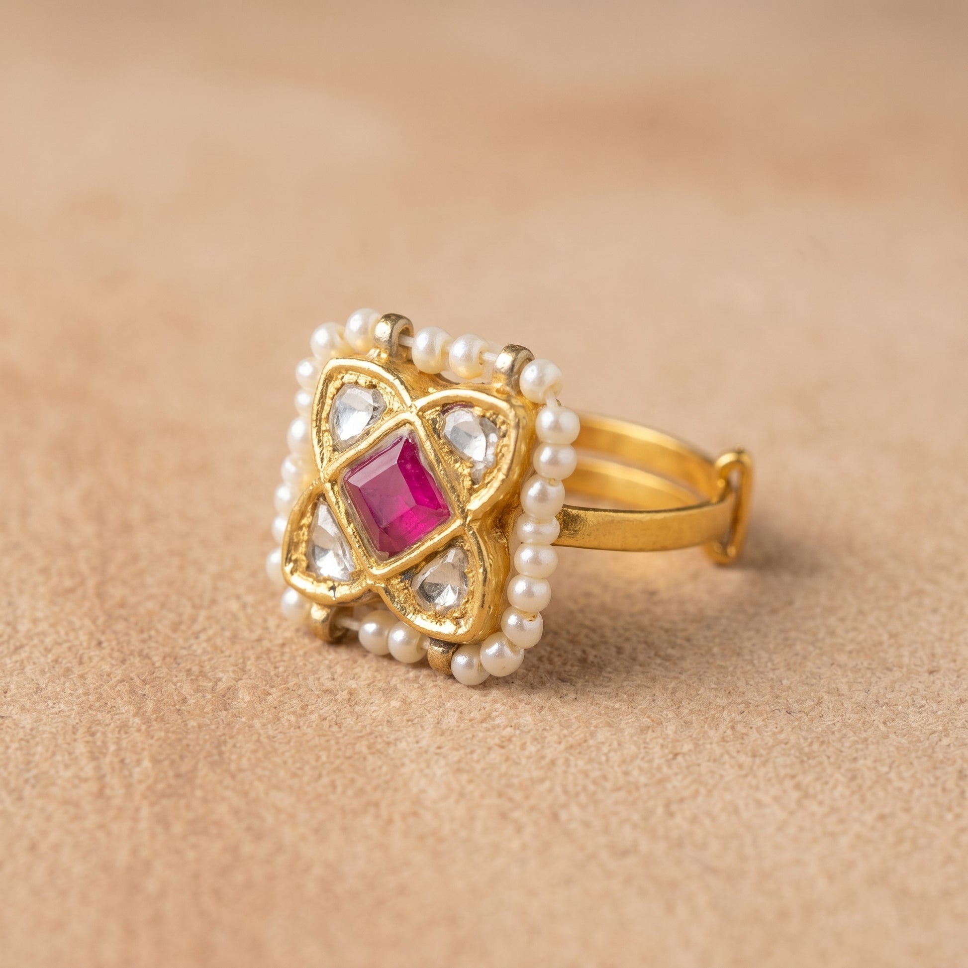 Handcrafted 22kt Gold Pink Square Ring with Certified Syndicate Polki and Pink Semi Precious Stone in Thapa Work