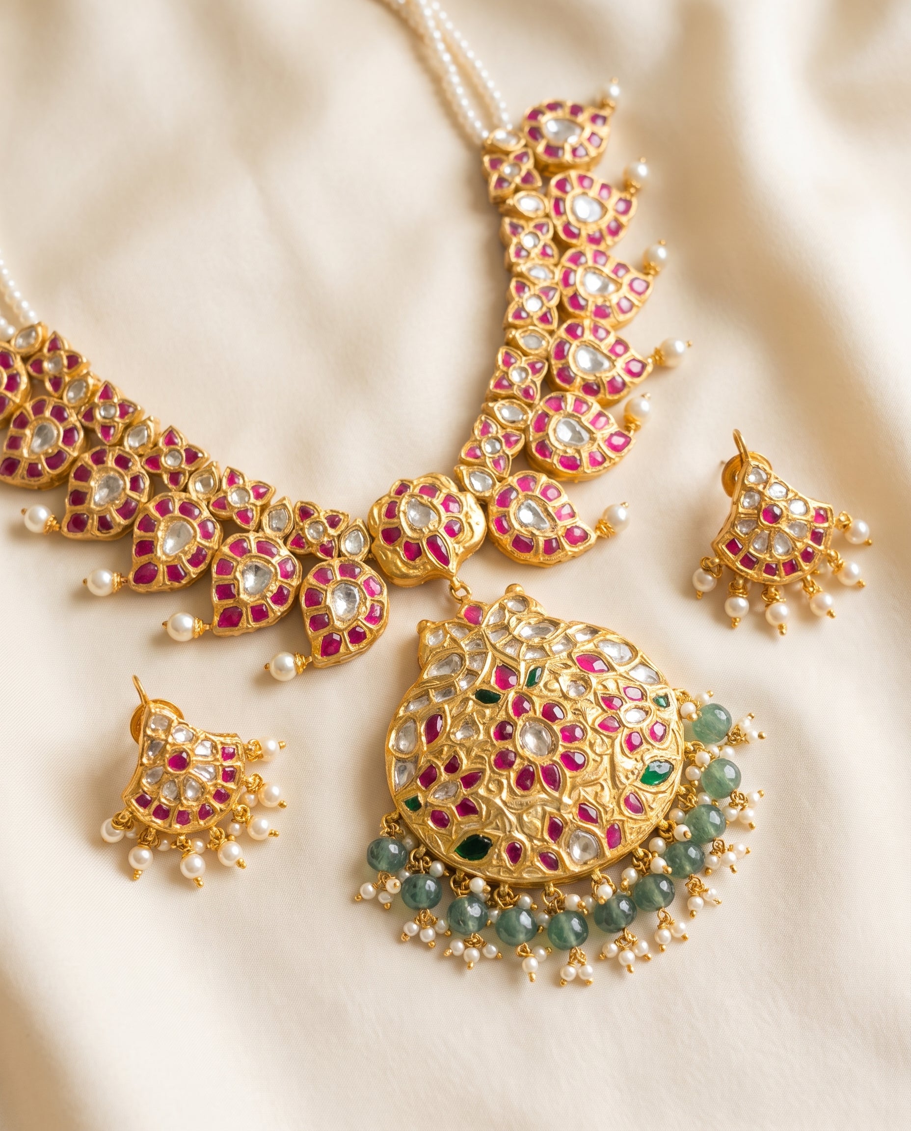 Handcrafted 22kt Gold Short Reversible Mango Mala with Pendant and 7 Carat Certified Syndicate Polki in Mango Motif Thapa Work