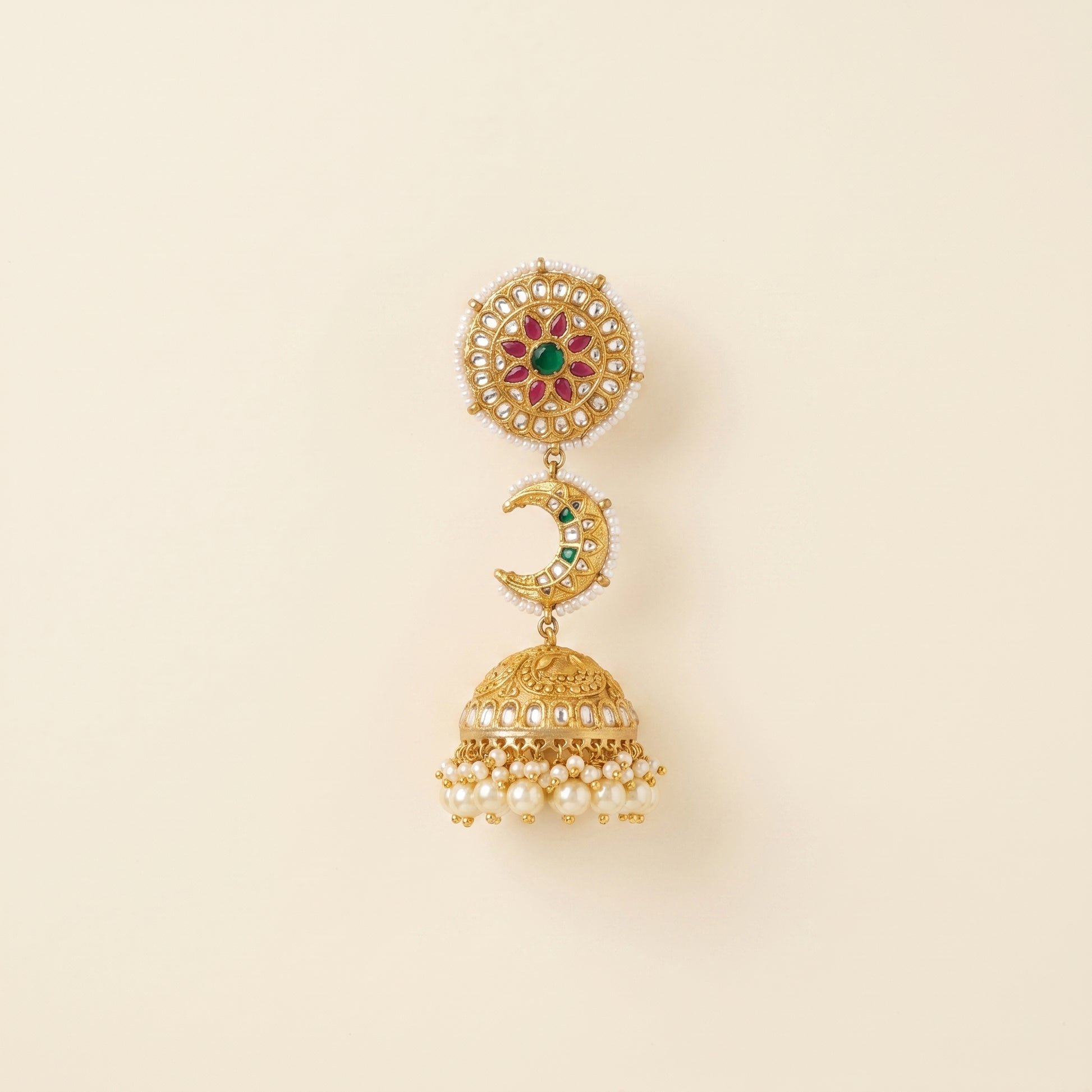 Handcrafted 22kt Gold Three Tier Chandbali Earrings with 4 Carat Certified Syndicate Polki in Cascading Crescent Thapa Work