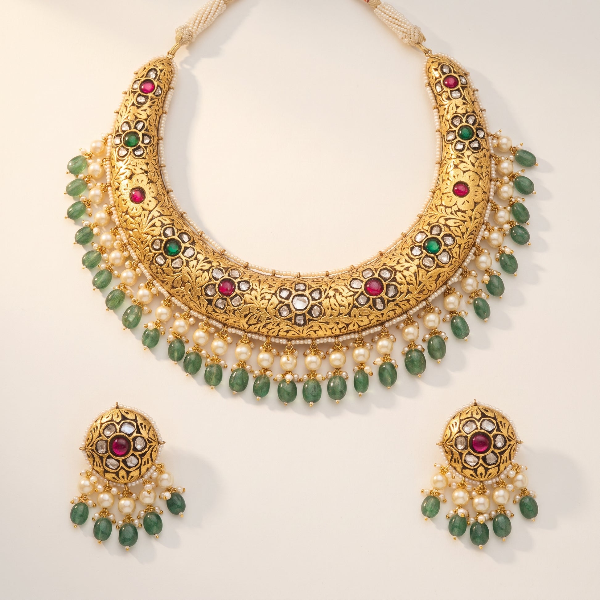 Handcrafted 22kt Gold Prataj Hasli Rigid Collar Necklace with 6 Carat Certified Syndicate Polki in Thapa Work