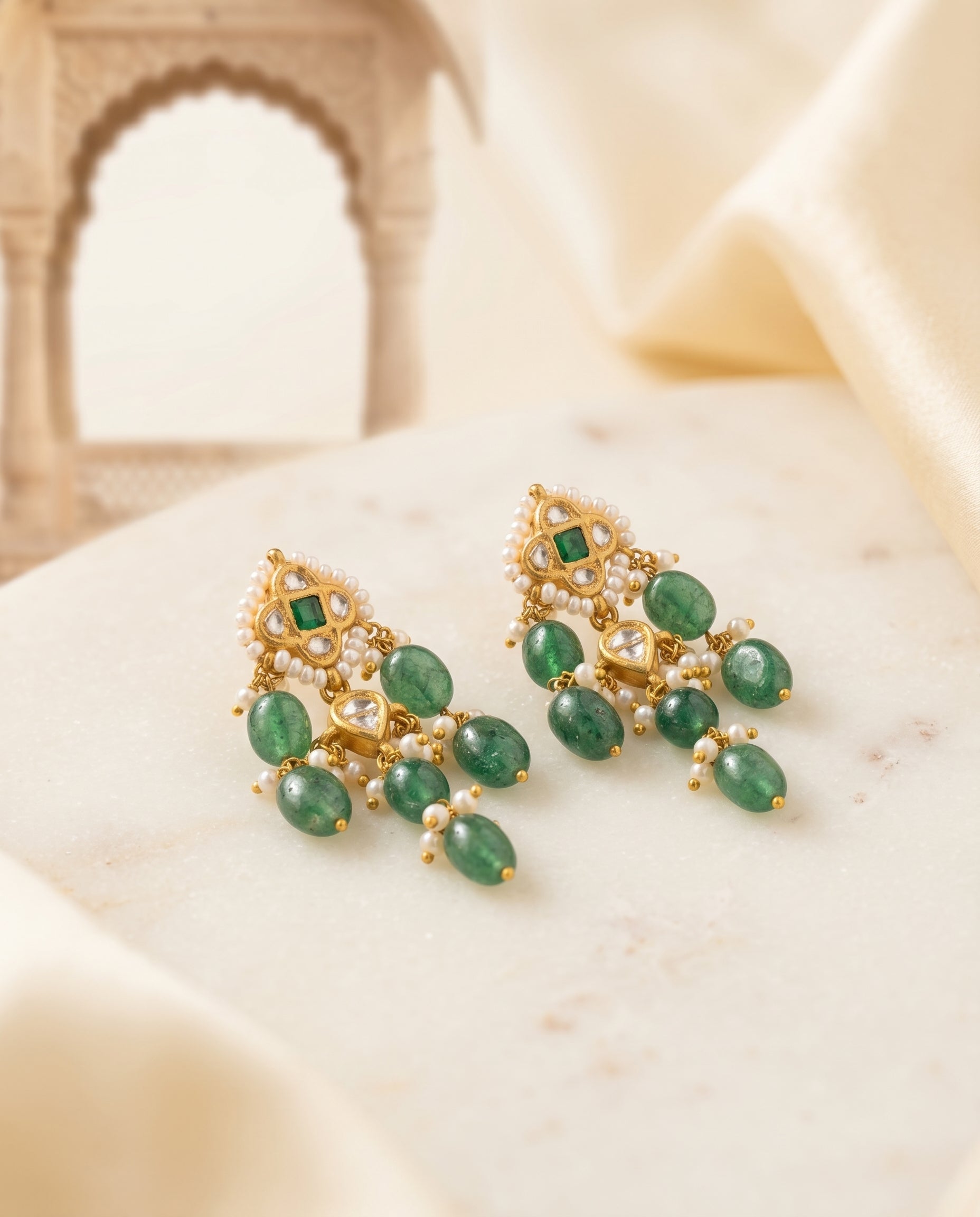 Handcrafted 22kt Gold Green Chowfully Earrings with Certified Syndicate Polki and Green Semi Precious Stones in Cluster Thapa Work