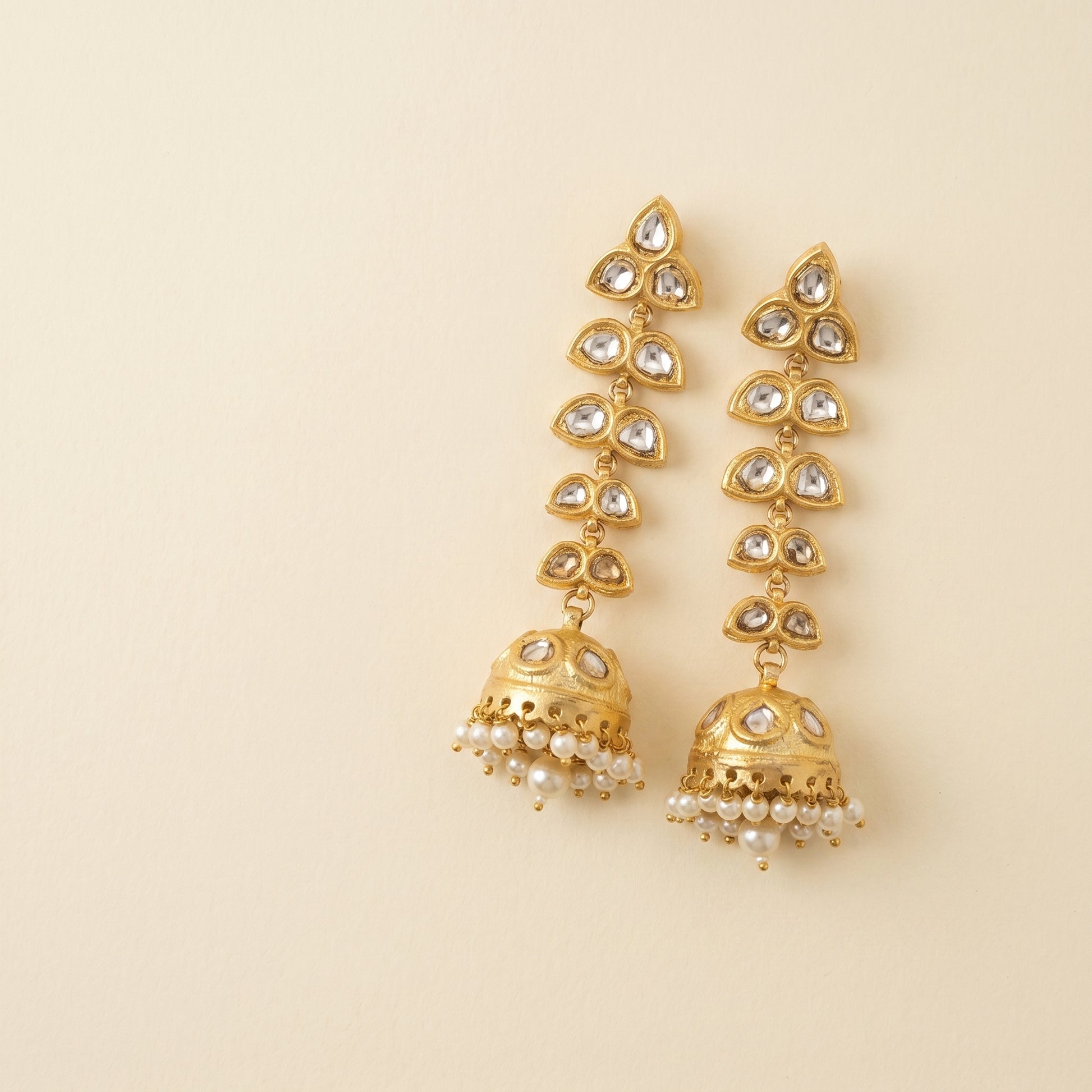 Handcrafted 22kt Gold Leaf Petal Jhumkas with 3 Carat Certified Syndicate Polki in Leaf Form Thapa Work