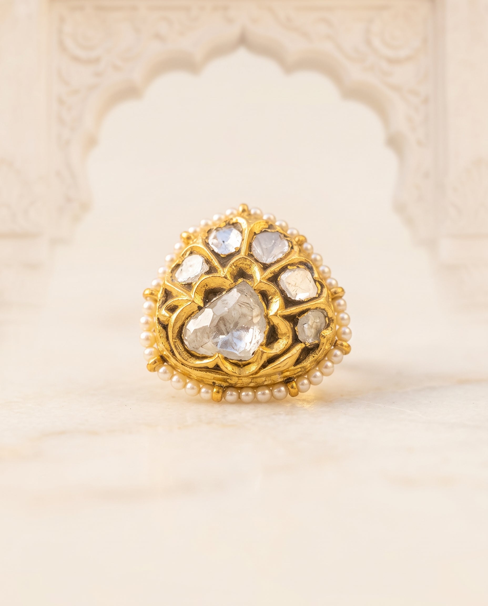 Handcrafted 22kt Gold Uncut Polki Ring with 2 Carat Certified Syndicate Polki in Thapa Work