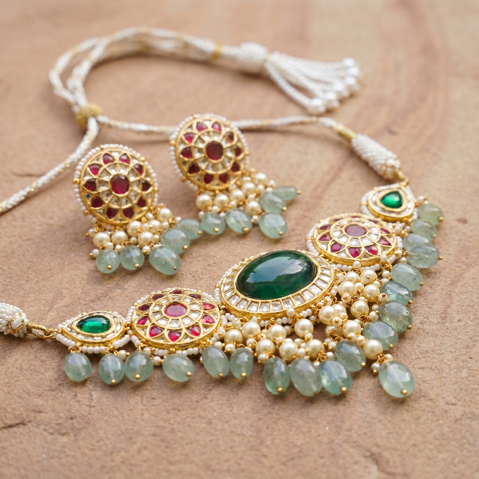 Jharoka Green small choker set | Vama Gears