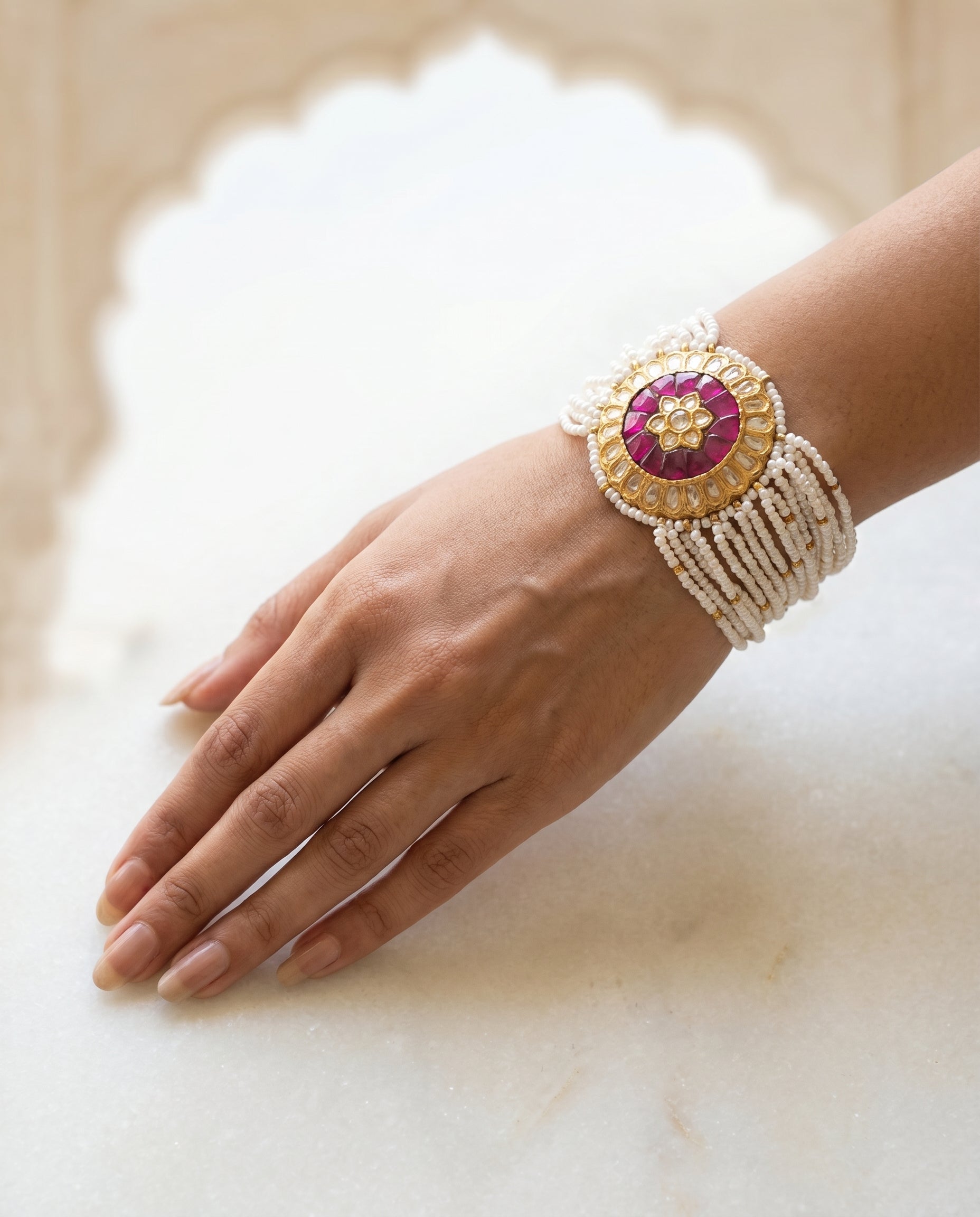 Jharoka Flower stone pink bracelet | Vama Gears