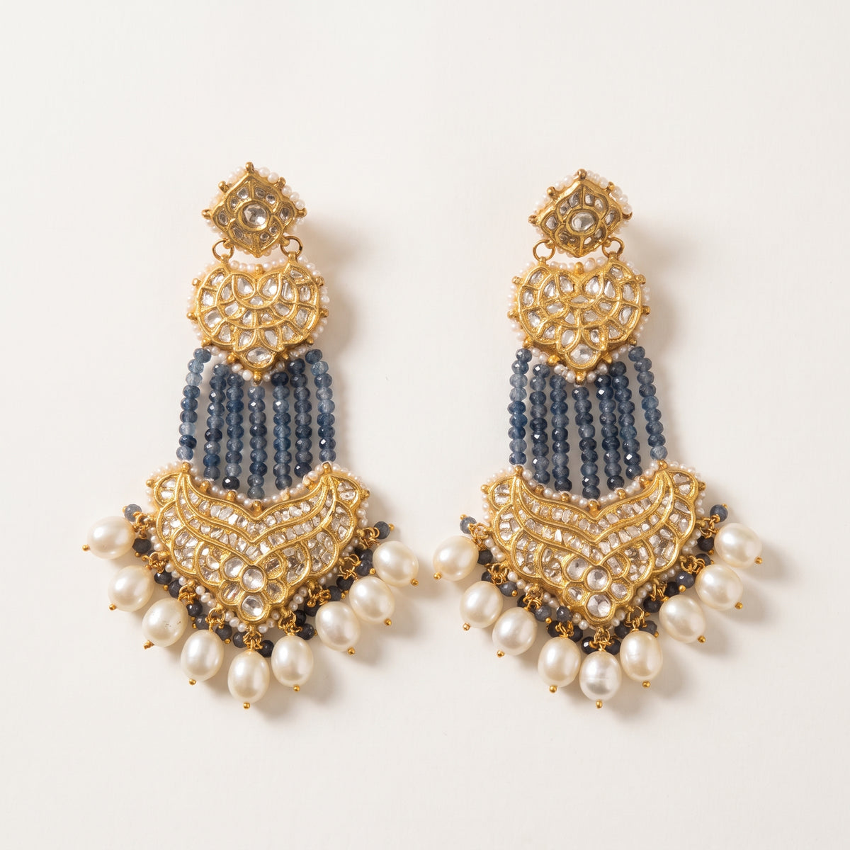 Handcrafted 22kt Gold Three Layer Chandbali Earrings with 5 Carat Certified Syndicate Polki and Blue Bead Drops in Cascading Crescent Thapa Work