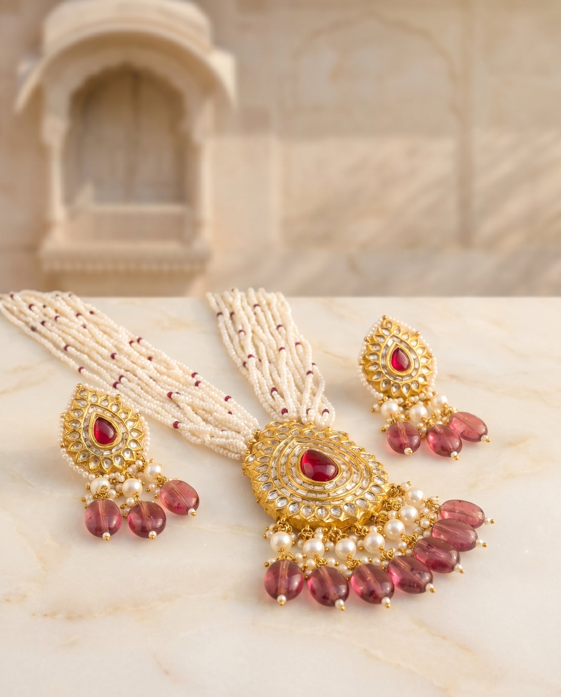 Jharoka Diamond shape ruby pendant set | Vama Gears