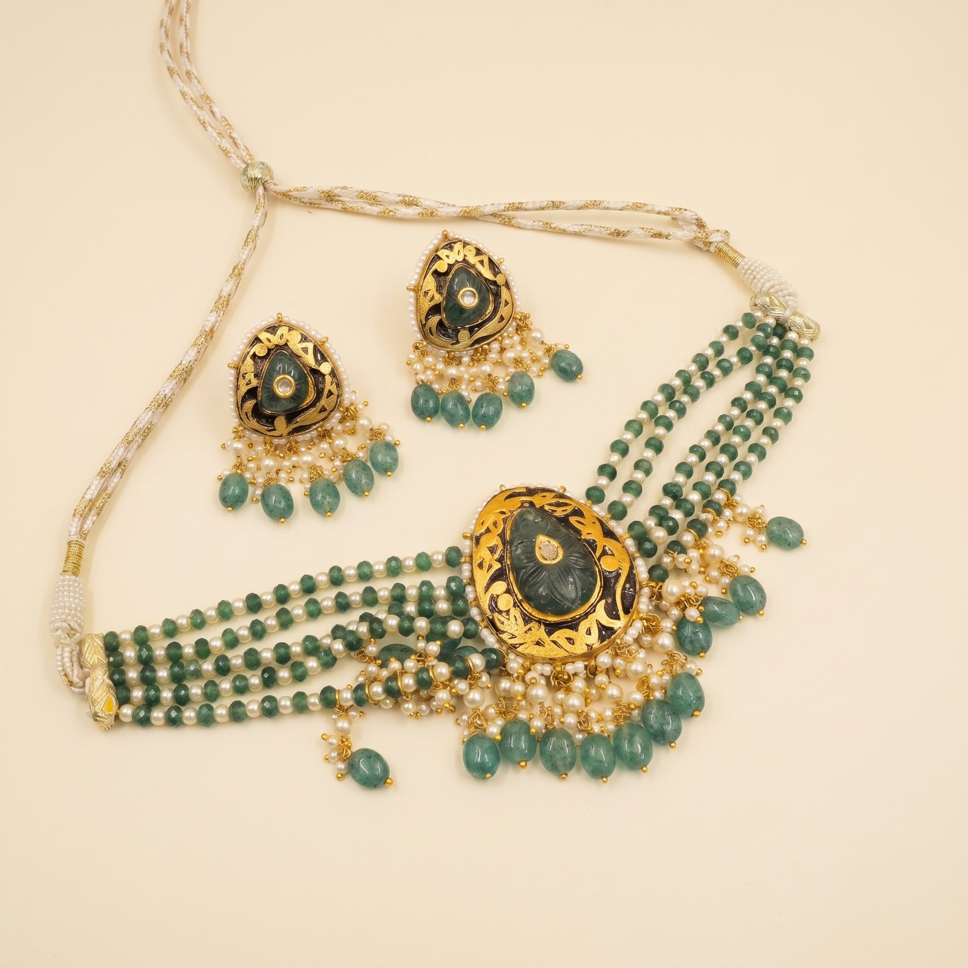 Jharoka Diamond green stone choker set | Vama Gears