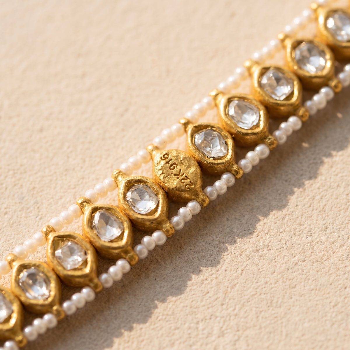 Handcrafted 22kt Gold Single Line Kilvas Bracelet with 3.5 Carat Certified Syndicate Polki in Thapa Work