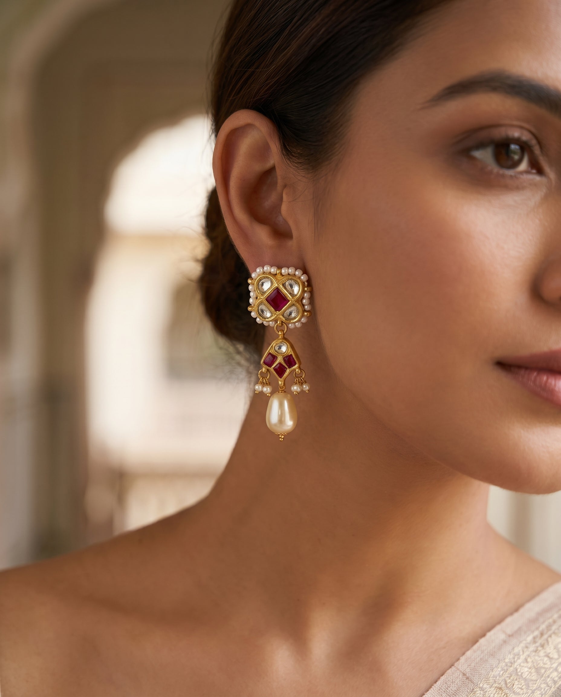 Handcrafted 22kt Gold Red Chowfully Trifully Drop Earrings with Certified Syndicate Polki and Red Semi Precious Stones in Floral Cluster Thapa Work