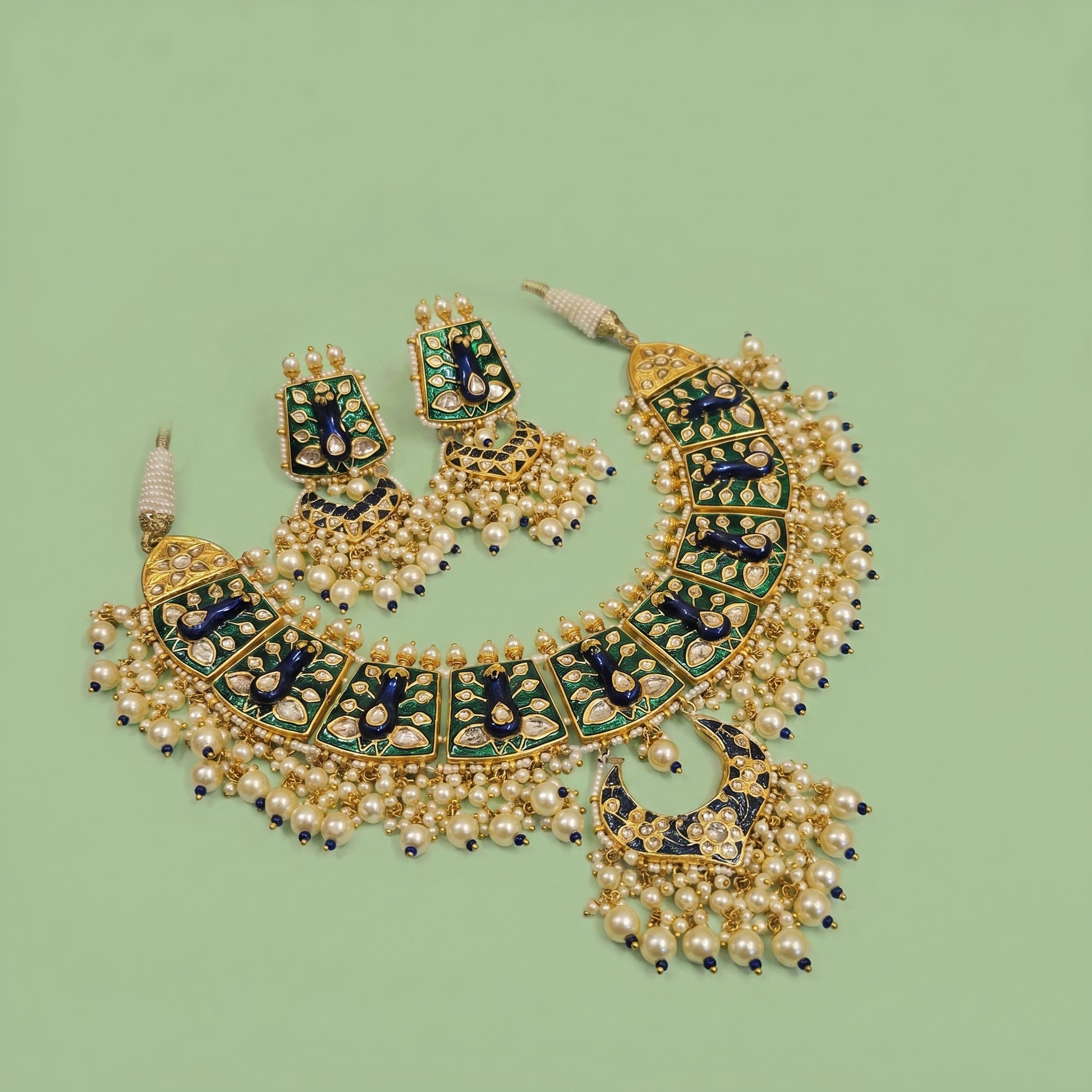 Jharoka Peacock blue green meenakari set | Vama Gears