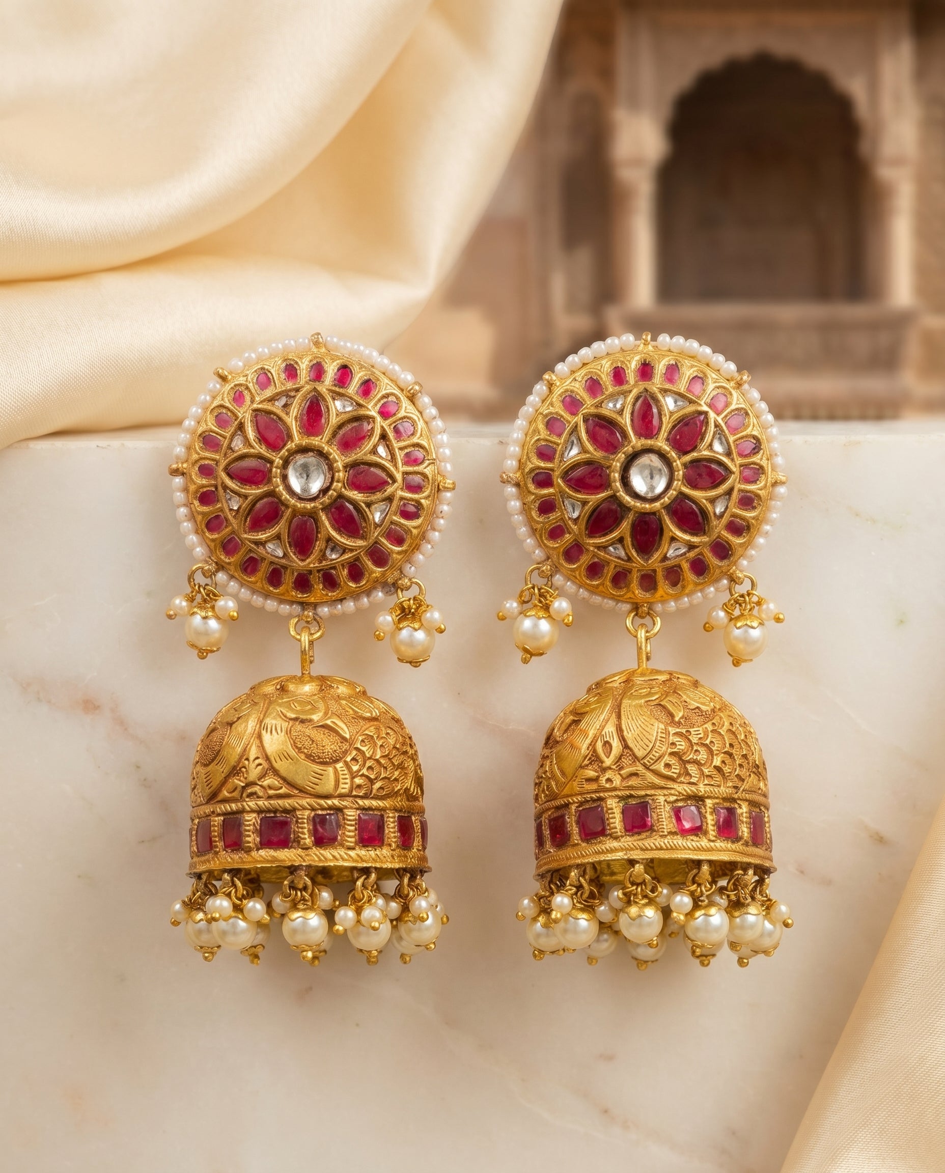 Jharoka Big red jhumkas detachable | Vama Gears