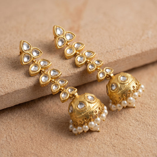 Handcrafted 22kt Gold Leaf Petal Jhumkas with 3 Carat Certified Syndicate Polki in Leaf Form Thapa Work