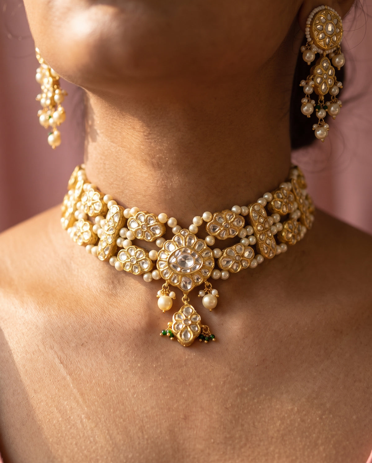 Handcrafted 22kt Gold Hiranya Choker Set with 9 Carat Certified Syndicate Polki in Thapa Work