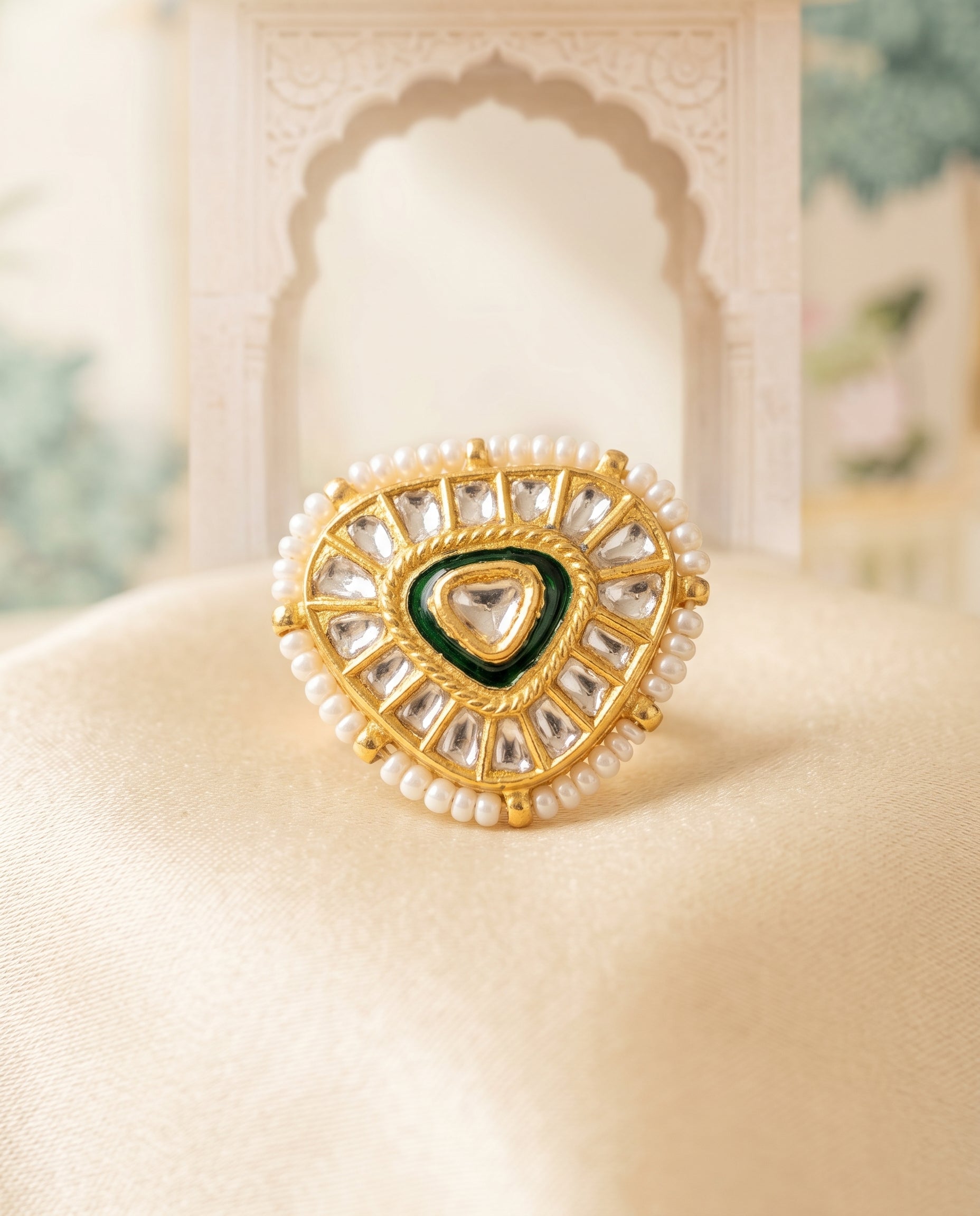 Handcrafted 22kt Gold Triangle Ring with Certified Syndicate Polki in Geometric Thapa Work