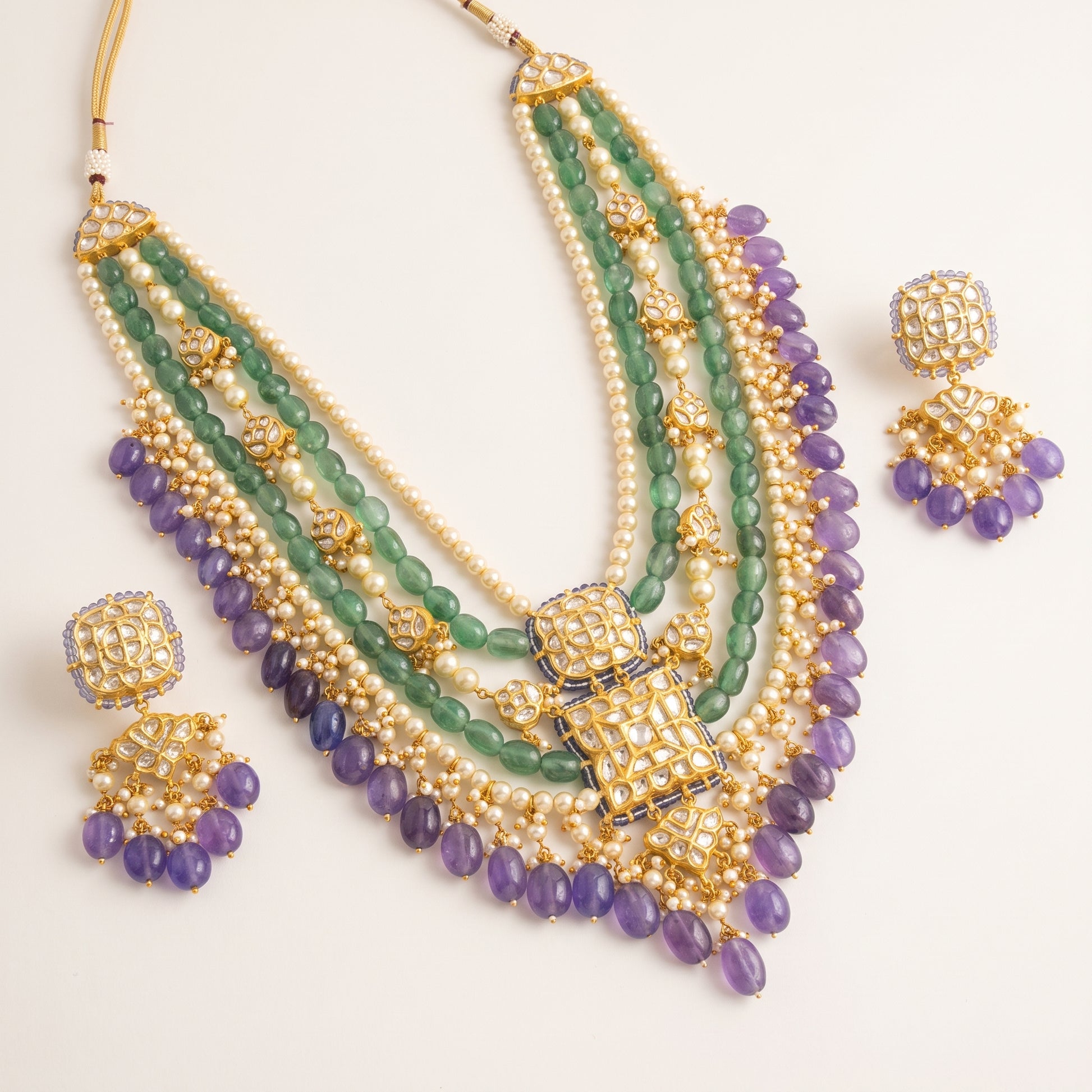 Handcrafted 22kt Gold Jakarti 5 Lad Five Strand Set with 10 Carat Certified Syndicate Polki in Thapa Work