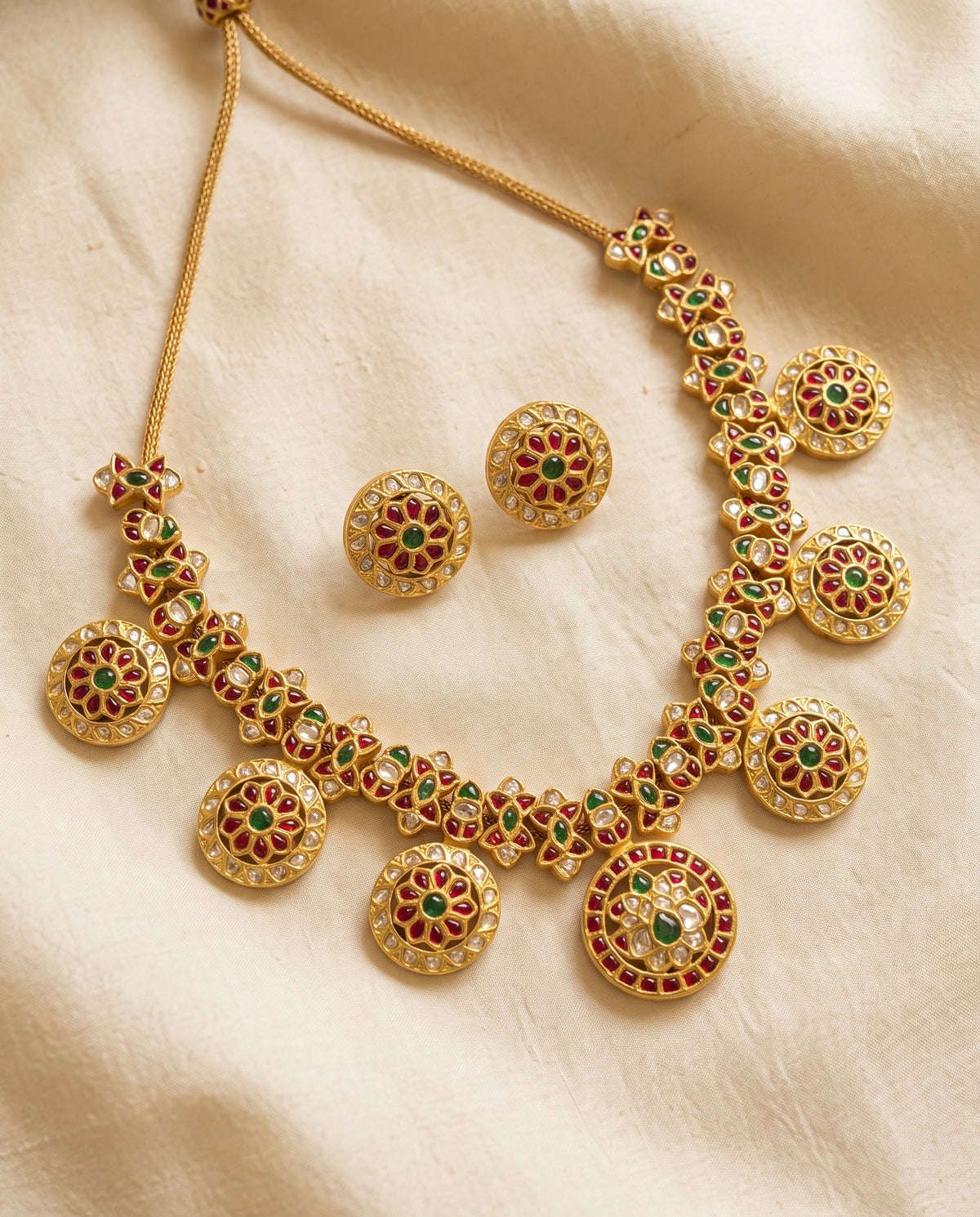 Handcrafted 22kt Gold Short Bottumala Necklace with 12 Carat Certified Syndicate Polki in Thapa Work