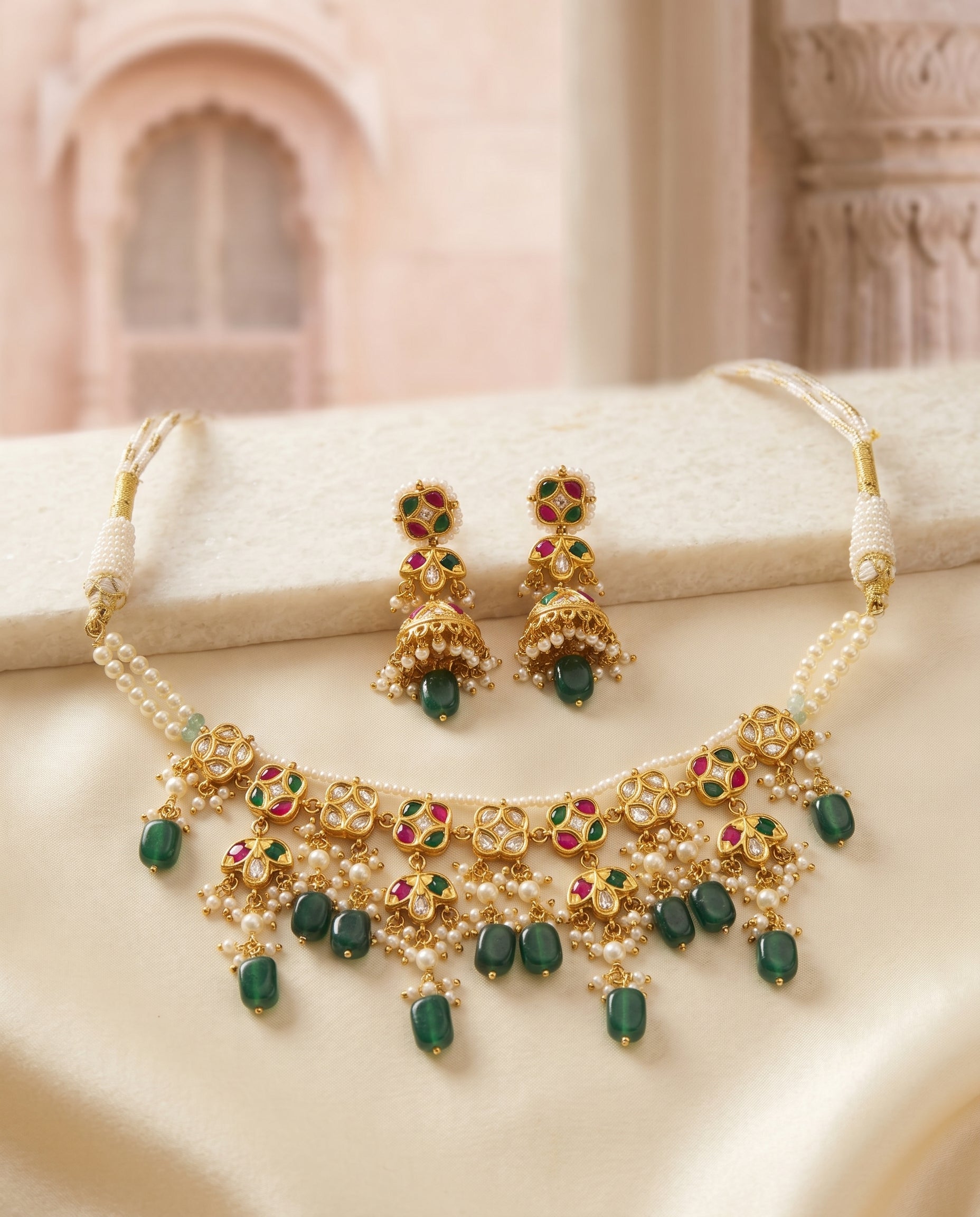 Handcrafted 22kt Gold Multi-Colour Necklace Set with 3 Carat Certified Syndicate Polki and Multi-Colour Semi Precious Stones in Thapa Work
