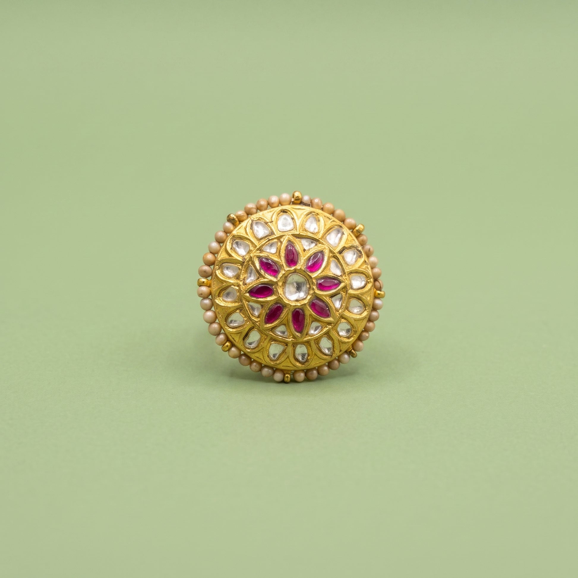 Handcrafted 22kt Gold Pink Flower Ring with 2 Carat Certified Syndicate Polki and Pink Semi Precious Stone in Floral Thapa Work