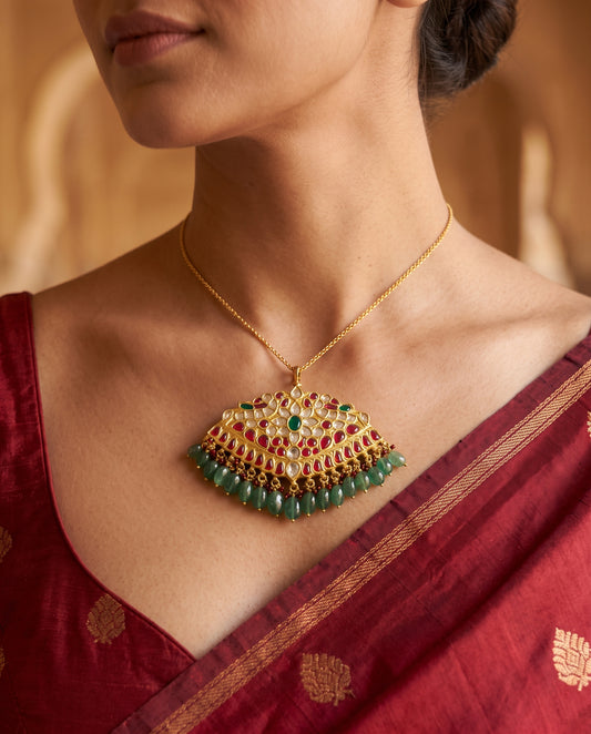 Handcrafted 22kt Gold Mango Pendant with 3 Carat Certified Syndicate Polki in Traditional Mango Keri Motif Thapa Work