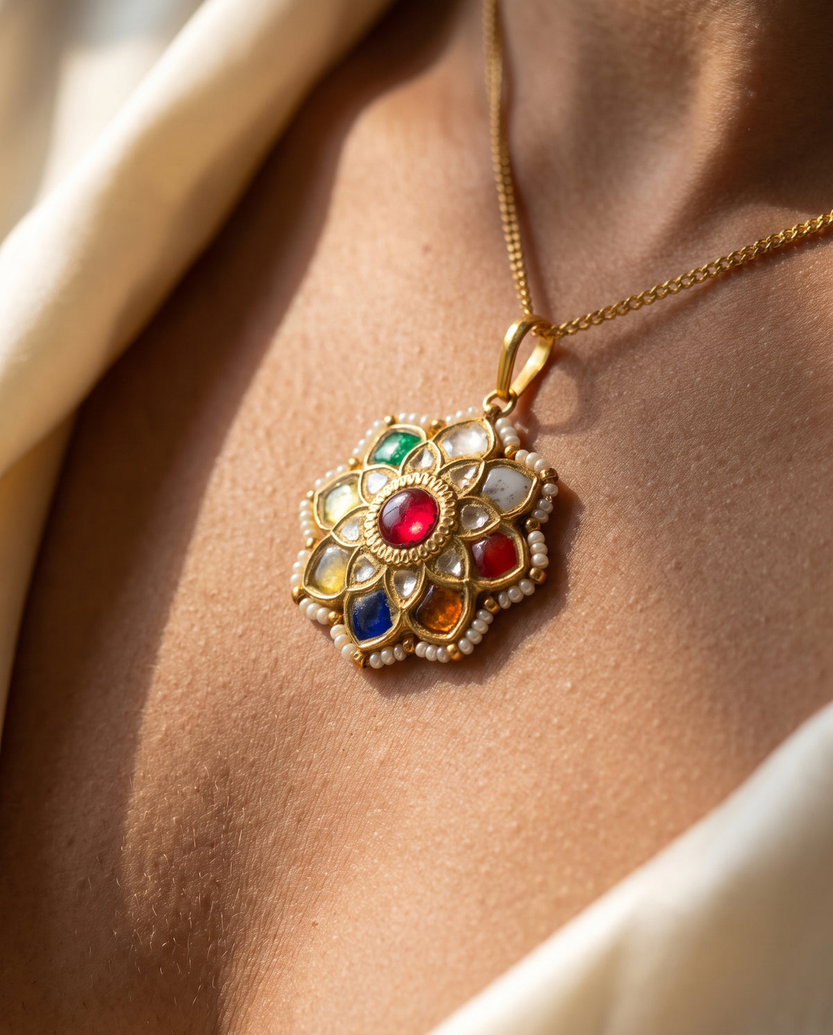 Handcrafted 22kt Gold Navratan Pendant with Certified Syndicate Polki and Multi-Colour Semi Precious Stones in Thapa Work