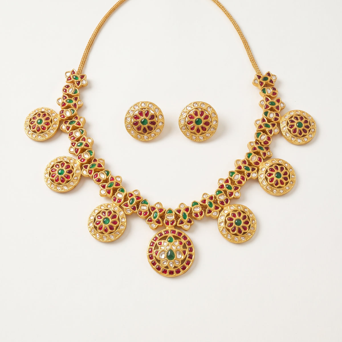 Handcrafted 22kt Gold Short Bottumala Necklace with 12 Carat Certified Syndicate Polki in Thapa Work