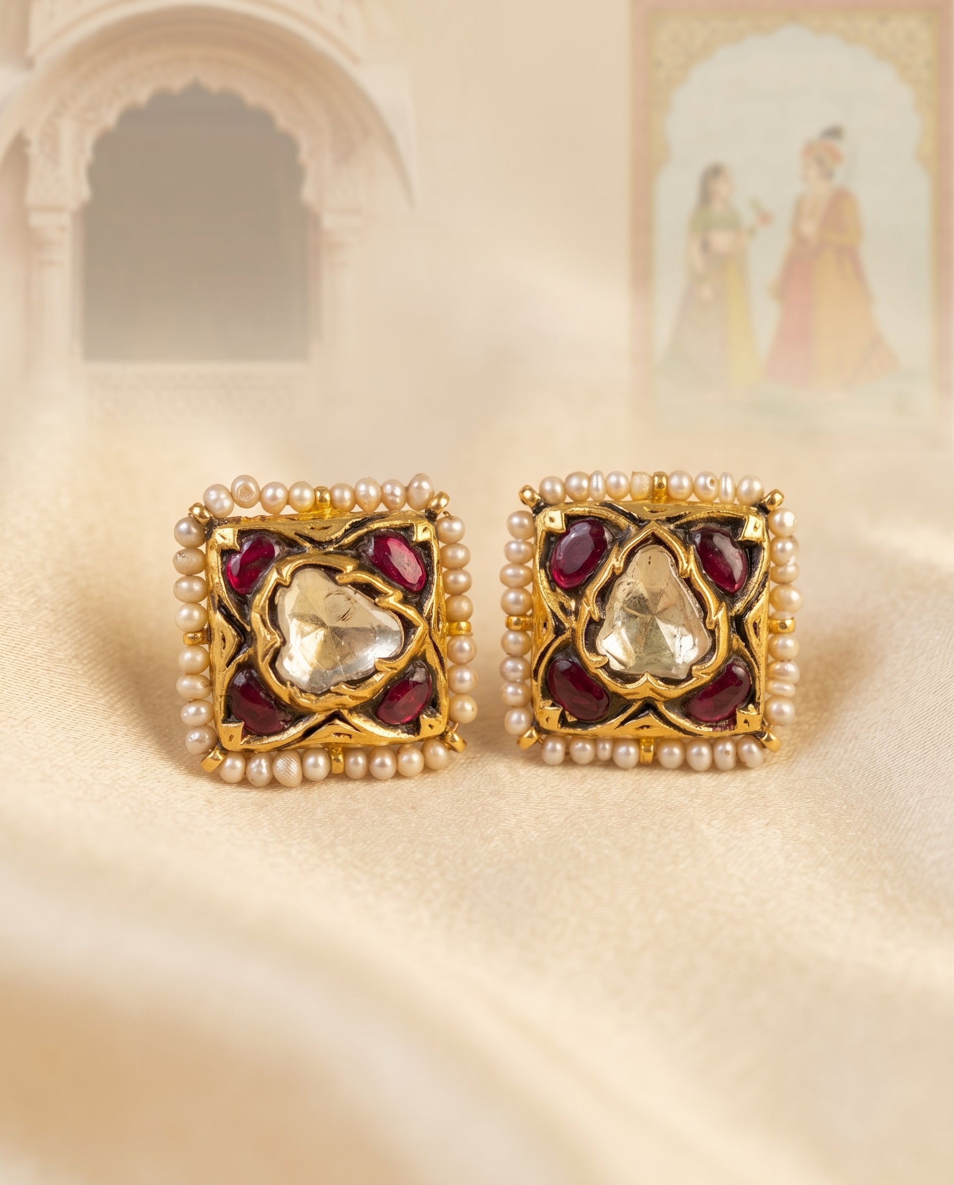 Handcrafted 22kt Gold Red Uncut Polki Studs with Certified Syndicate Polki and Red Semi Precious Stones in Thapa Work