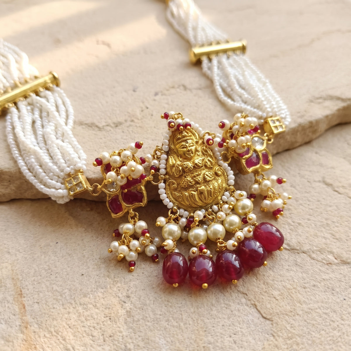 Handcrafted 22kt Gold Lakshmi Choker with Goddess Lakshmi Motif and Certified Syndicate Polki in Thapa Work