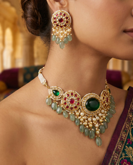 Jharoka Green small choker set | Vama Gears