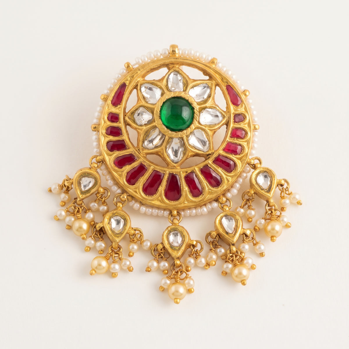 Handcrafted 22kt Gold Moon Chand Pendant with 3 Carat Certified Syndicate Polki in Crescent Thapa Work