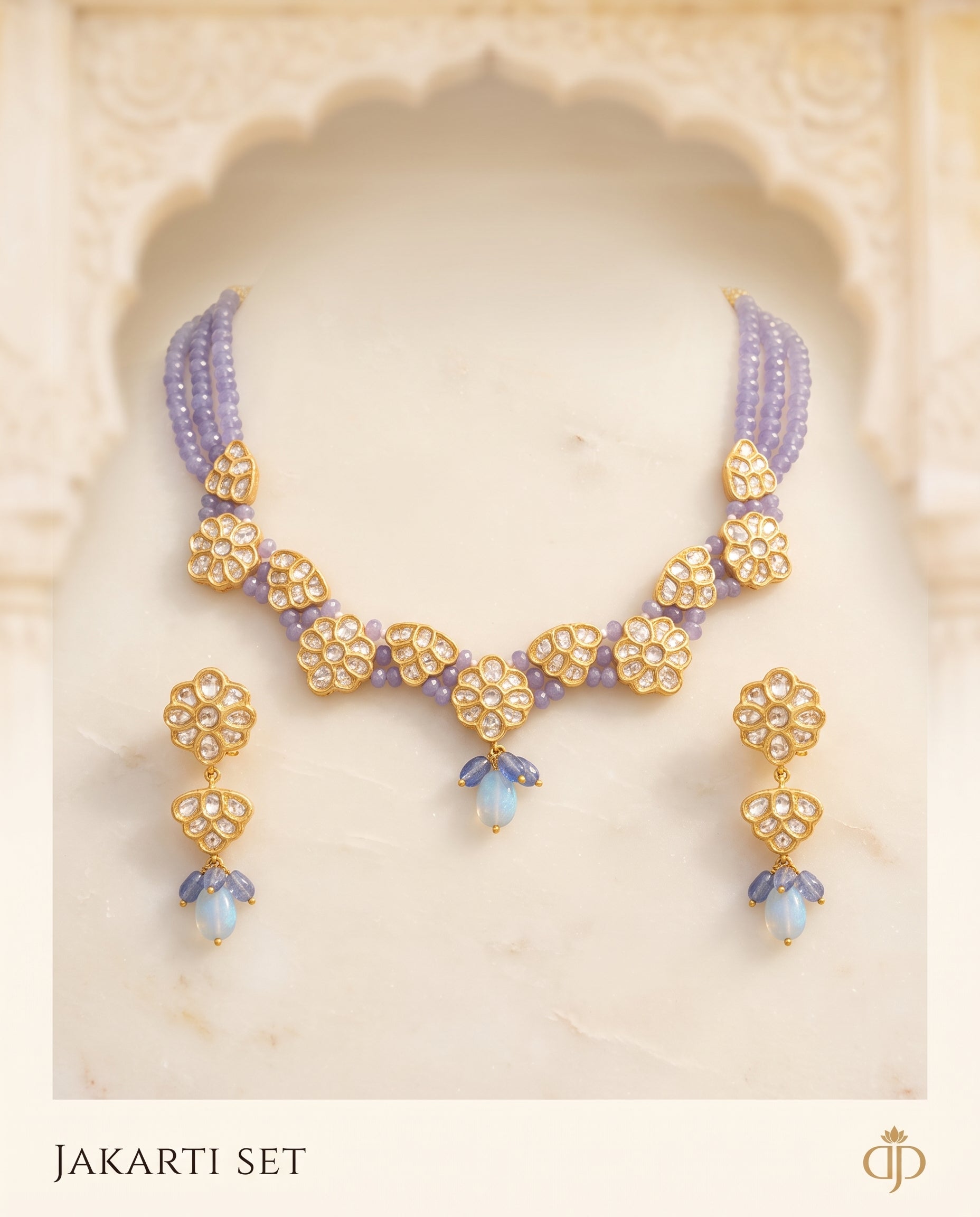 Handcrafted 22kt Gold Jakarti Set with 7 Carat Certified Syndicate Polki in Thapa Work