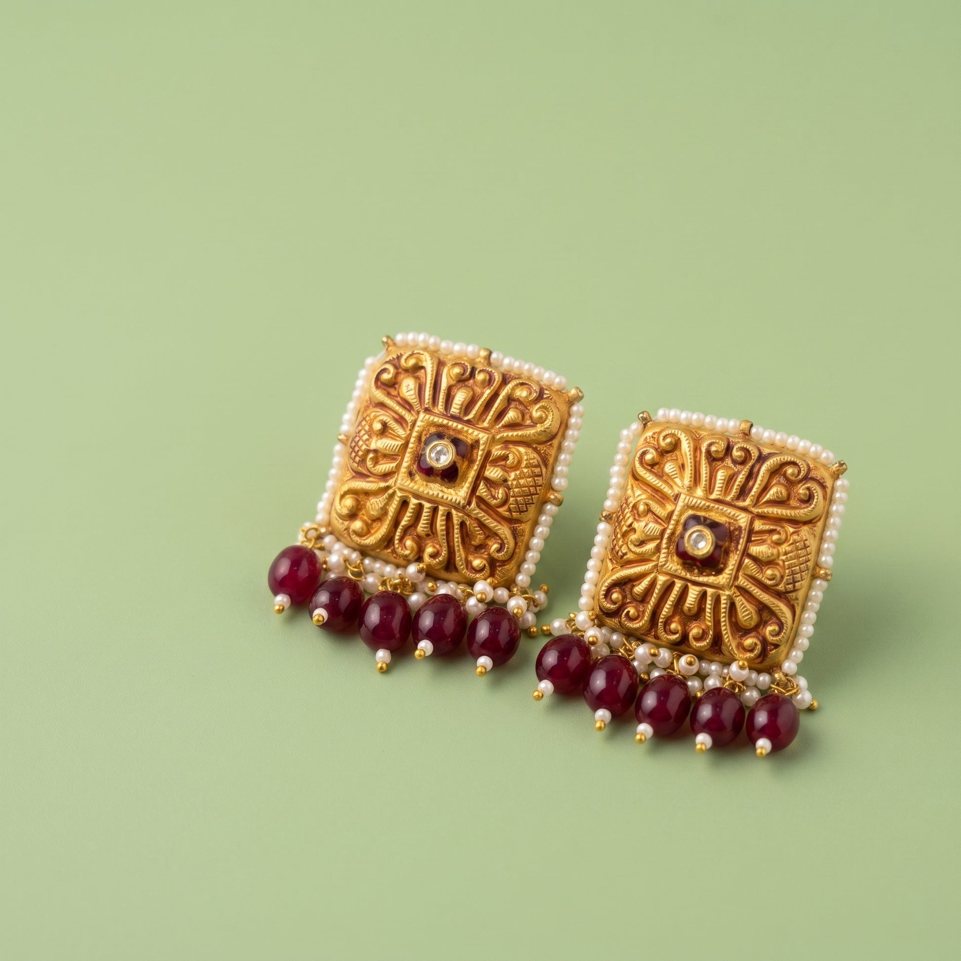 Handcrafted 22kt Gold Square Temple Earrings with Certified Syndicate Polki in Temple Motif Thapa Work