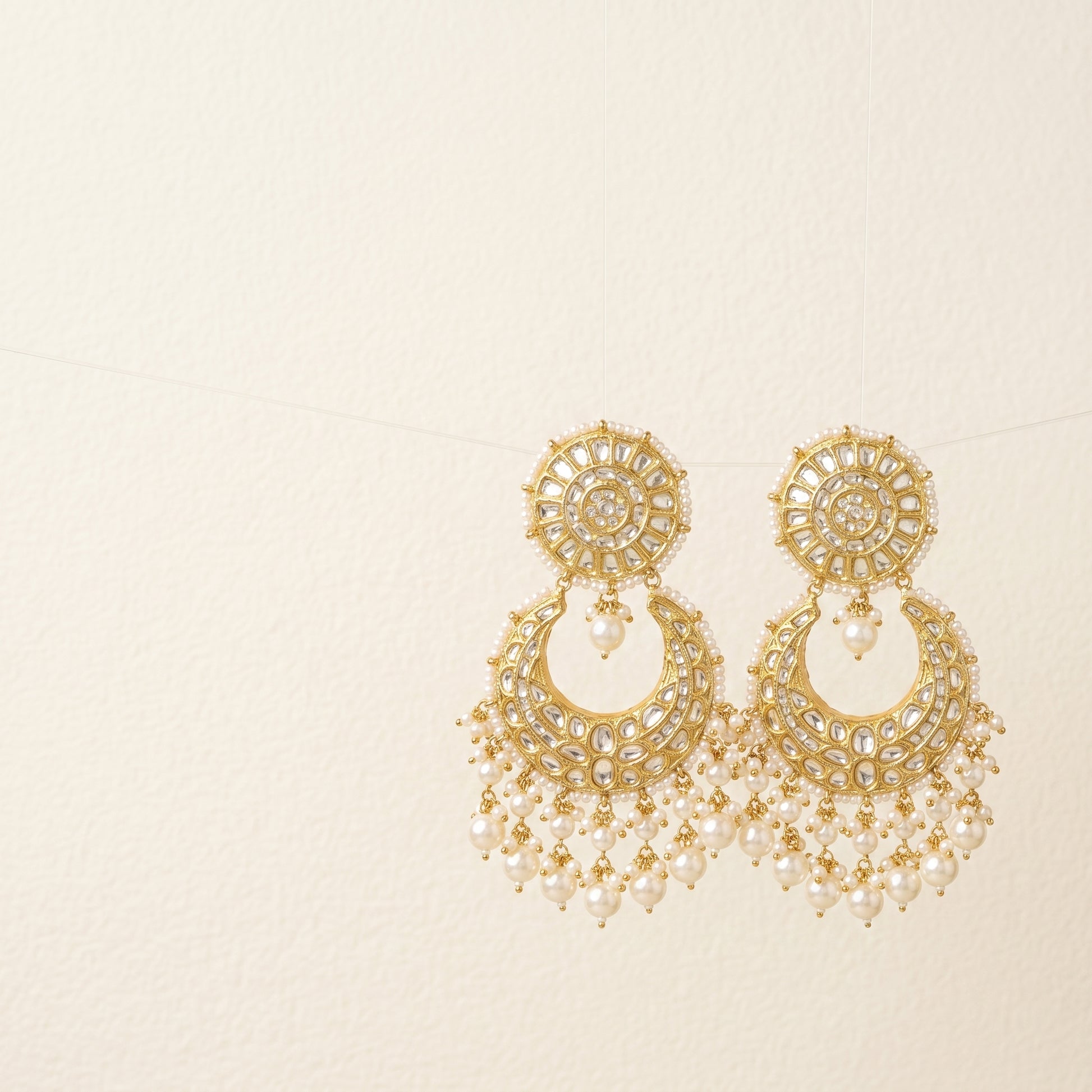 Handcrafted 22kt Gold All Polki Chandbali Earrings with 4 Carat Certified Syndicate Polki Across the Crescent in Thapa Work