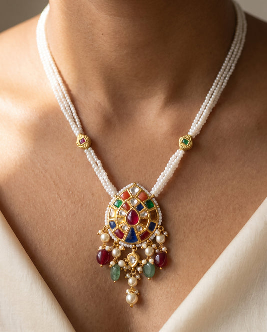 Handcrafted 22kt Gold Oval Navratan Pendant with 2 Carat Certified Syndicate Polki and Multi-Colour Semi Precious Stones in Thapa Work