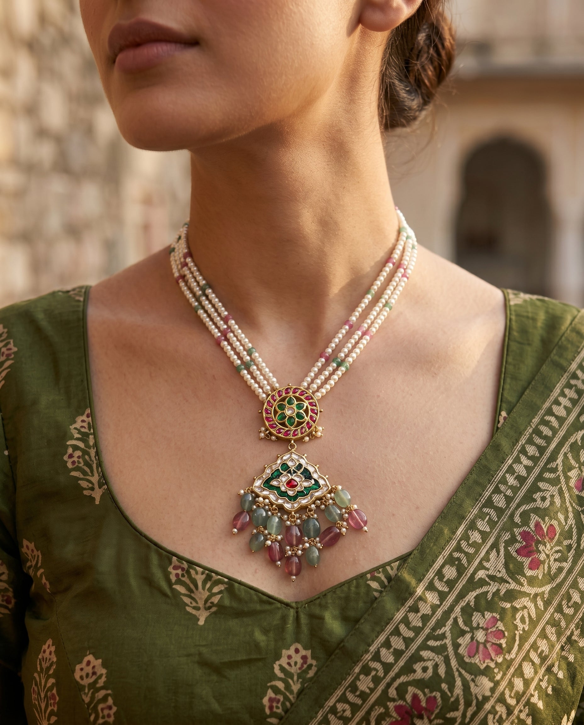 Handcrafted 22kt Gold Round Pendant Necklace with 2 Carat Certified Syndicate Polki in Round Thapa Work