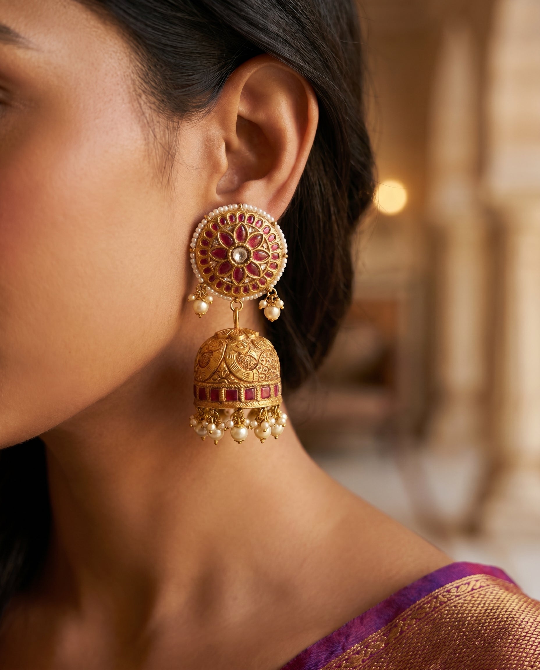 Jharoka Big red jhumkas detachable | Vama Gears