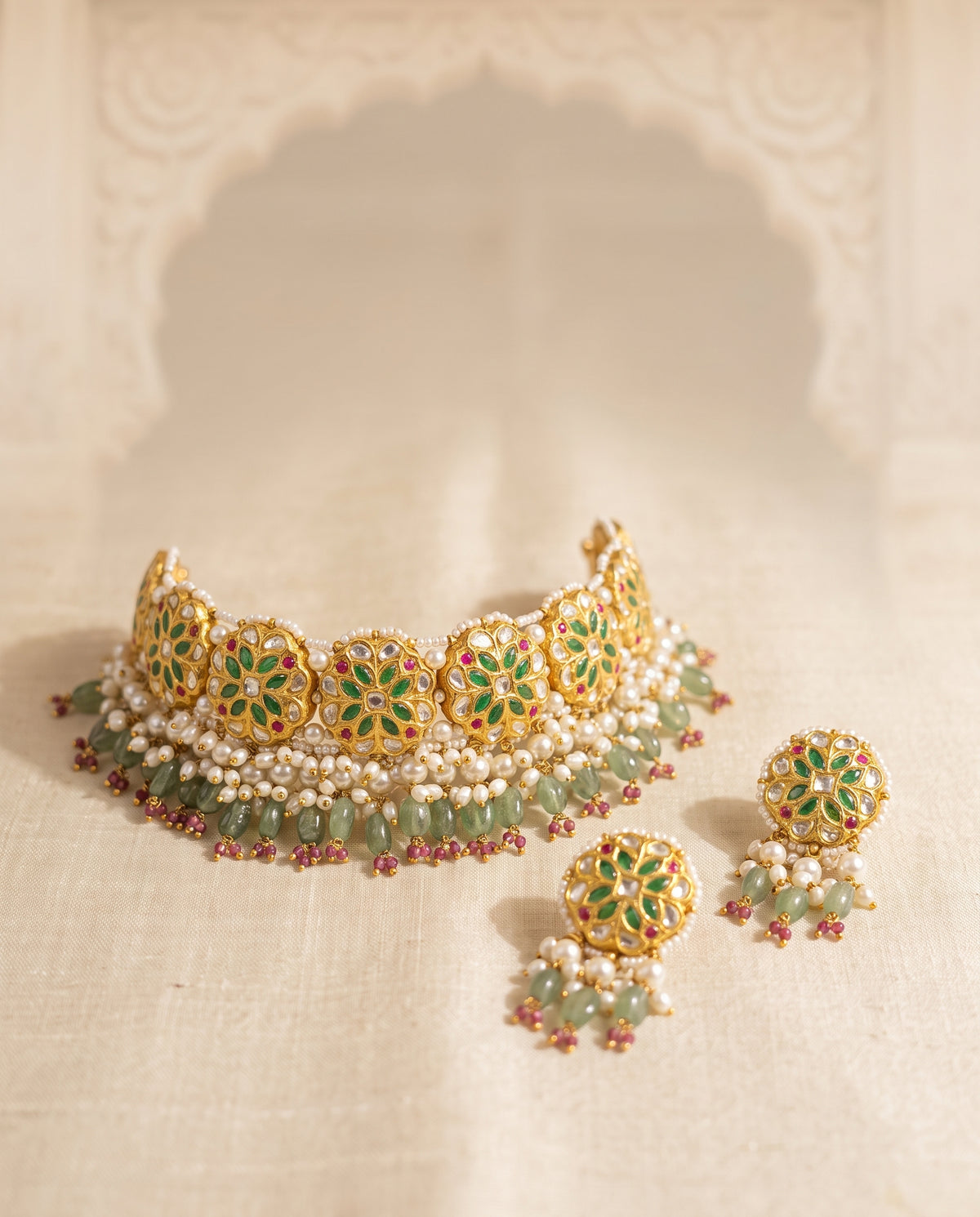 Handcrafted 22kt Gold Harit Green Choker Set with 7 Carat Certified Syndicate Polki and Green Semi Precious Stones in Lightweight Gold Sheet Work